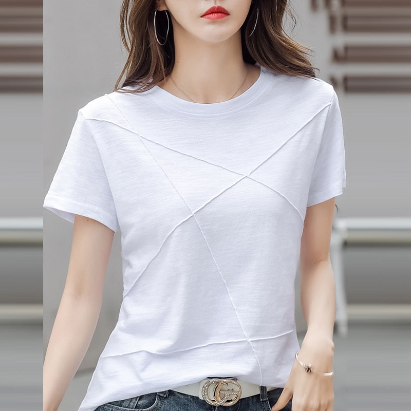 Summer Slim Cotton Bamboo Solid Color Casual Women's T-Shirts O-Neck