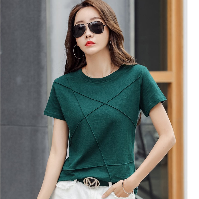 Summer Slim Cotton Bamboo Solid Color Casual Women's T-Shirts O-Neck