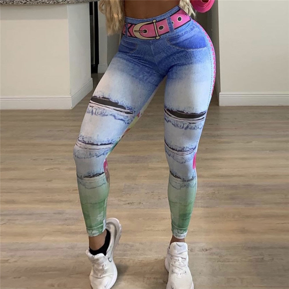Denim Telephone 3D Print Women Pants Push Up Running Sports Leggings Slim Pants Female Casual Trousers Fitness Legging