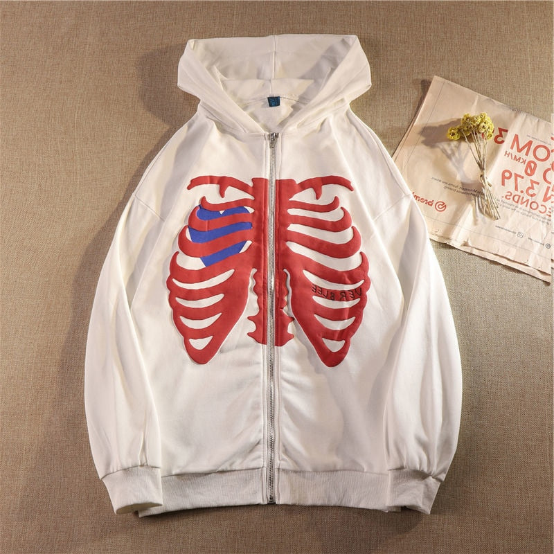 Ver Blee Y2K Skeleton Goth Grunge Long-Sleeved Hoodie - Vintage Retro Oversized Sweatshirt