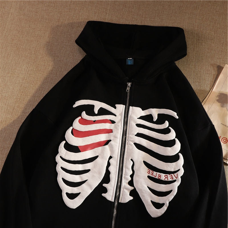 Ver Blee Y2K Skeleton Goth Grunge Long-Sleeved Hoodie - Vintage Retro Oversized Sweatshirt