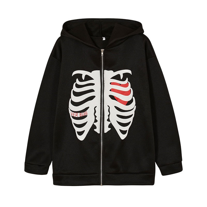 Ver Blee Y2K Skeleton Goth Grunge Long-Sleeved Hoodie - Vintage Retro Oversized Sweatshirt