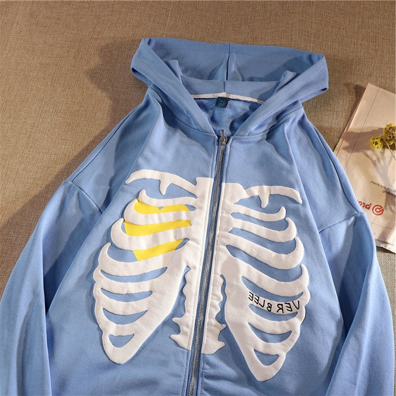 Ver Blee Y2K Skeleton Goth Grunge Long-Sleeved Hoodie - Vintage Retro Oversized Sweatshirt