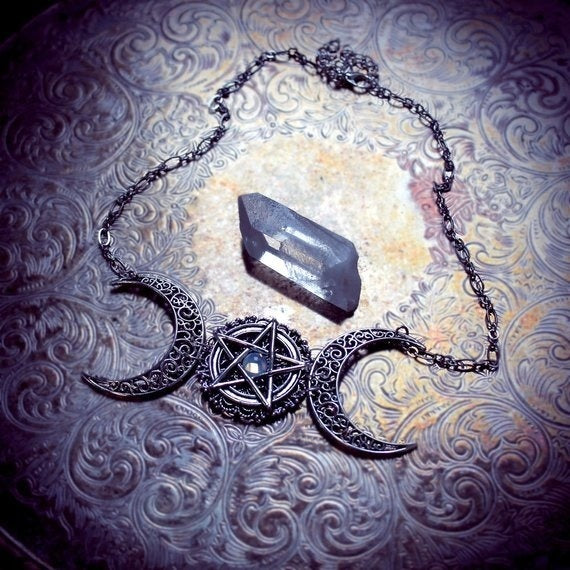 Triple Moon Necklace wiccan jewelry triple goddess pentacle necklace pentagram necklace pagan necklace