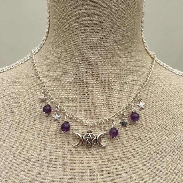 Triple Moon Necklace wiccan jewelry triple goddess pentacle necklace pentagram necklace pagan necklace
