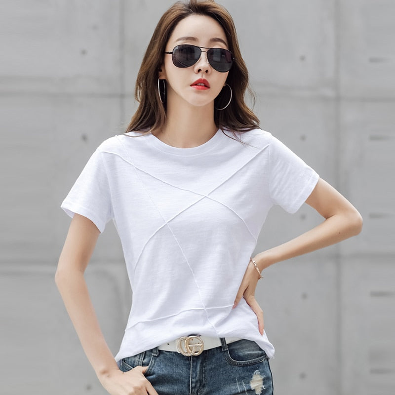 Summer Slim Cotton Bamboo Solid Color Casual Women's T-Shirts O-Neck