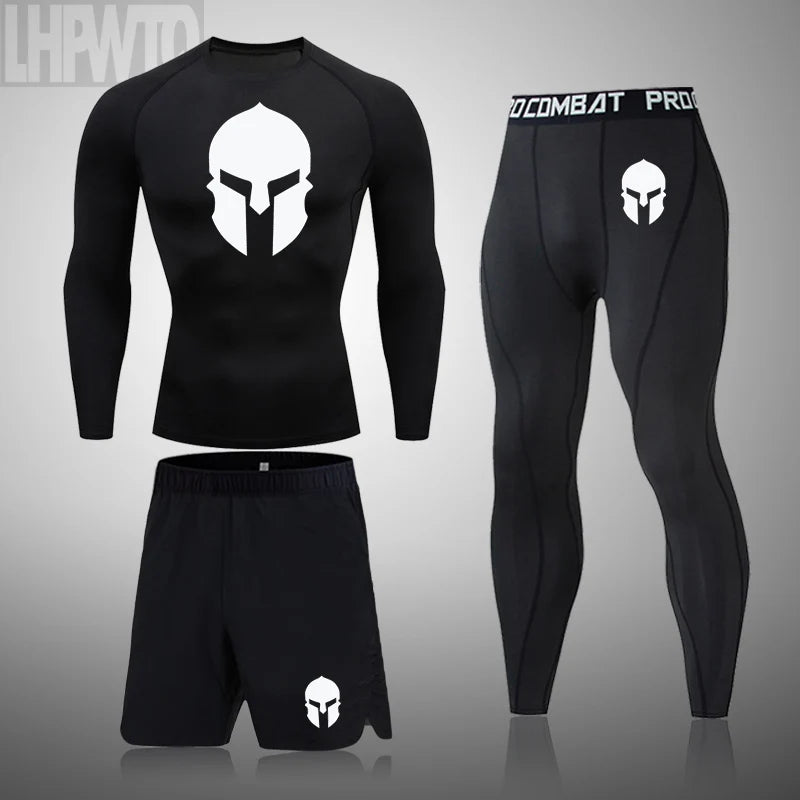 Spartan 3 Piece Gym Set - Compression Rash Guard - Dry Fit Legging - Workout Shorts