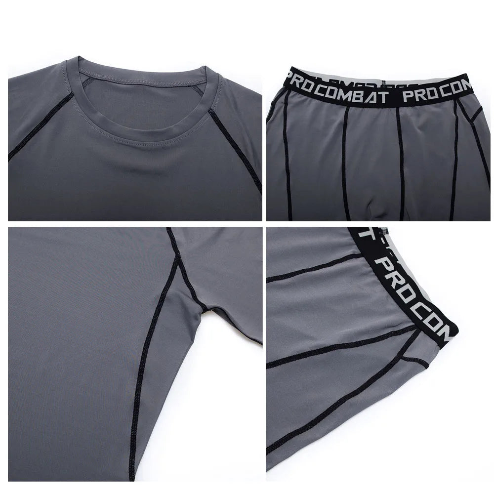 Spartan 3 Piece Gym Set - Compression Rash Guard - Dry Fit Legging - Workout Shorts