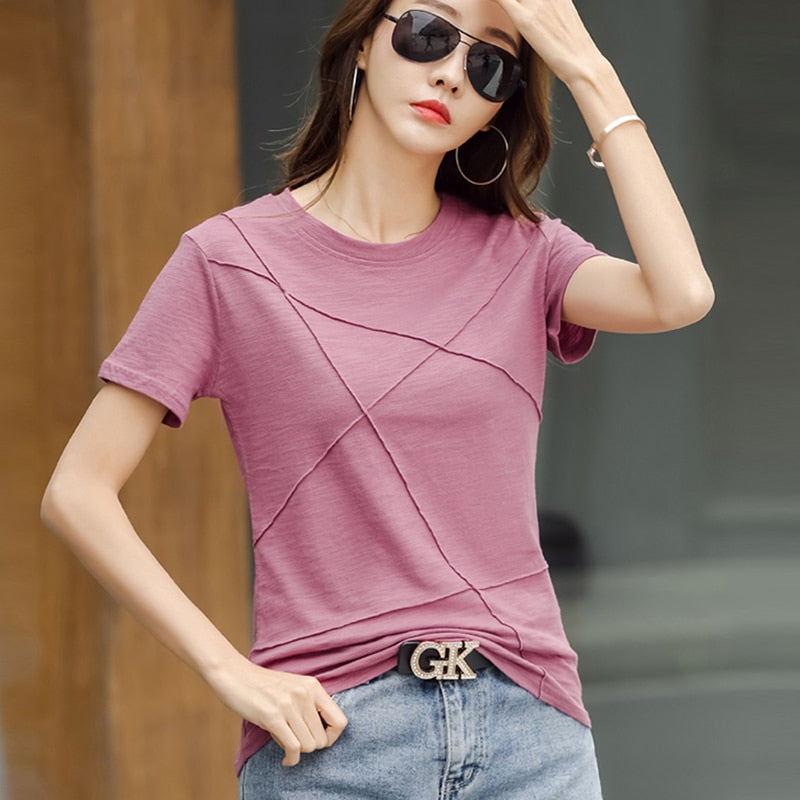 Summer Slim Cotton Bamboo Solid Color Casual Women's T-Shirts O-Neck