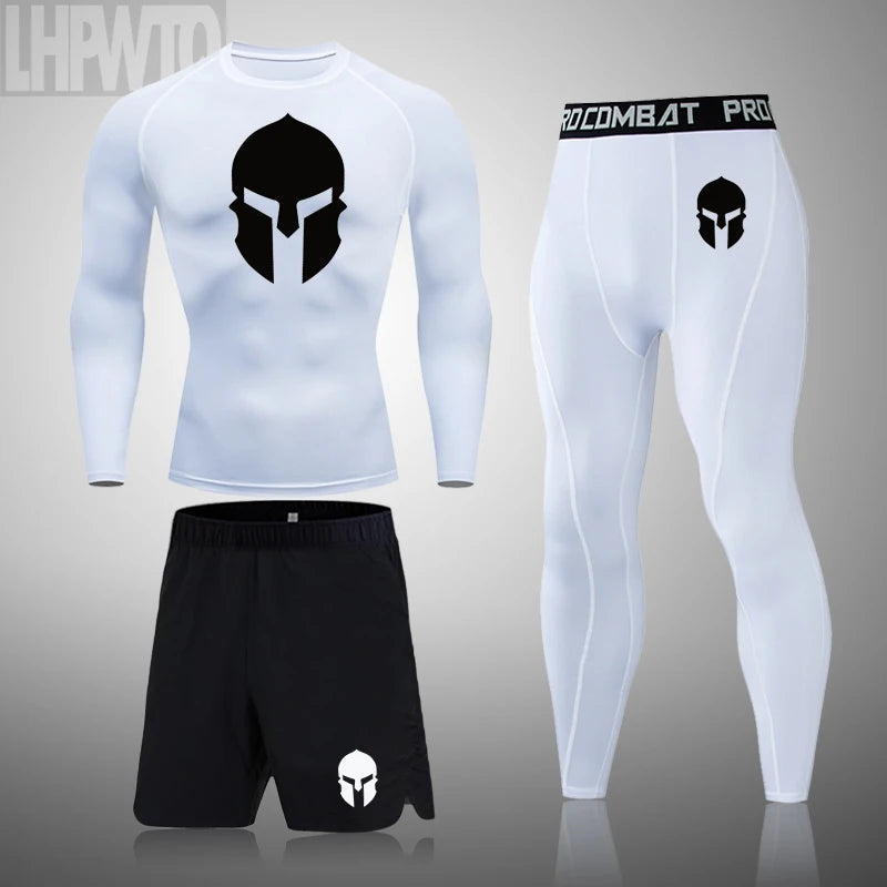 Spartan 3 Piece Gym Set - Compression Rash Guard - Dry Fit Legging - Workout Shorts