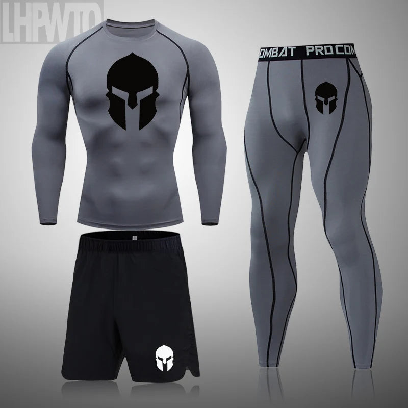 Spartan 3 Piece Gym Set - Compression Rash Guard - Dry Fit Legging - Workout Shorts