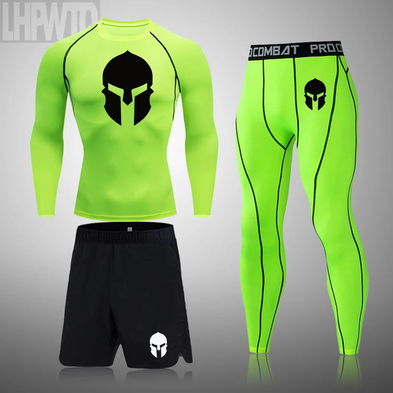 Spartan 3 Piece Gym Set - Compression Rash Guard - Dry Fit Legging - Workout Shorts