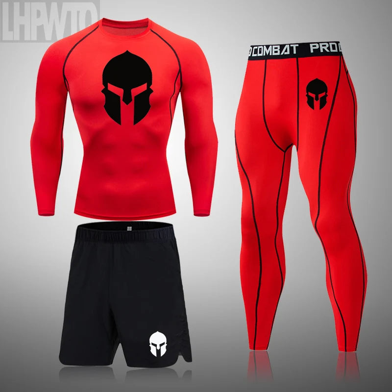 Spartan 3 Piece Gym Set - Compression Rash Guard - Dry Fit Legging - Workout Shorts