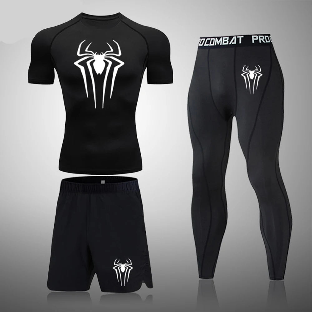 Spider Set 3 Piece - Short Sleeve Compression Shirt Quick Dry Rash Guard - Fitness Shorts and Compression Workout Leggings