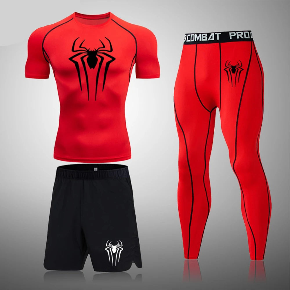 Spider Set 3 Piece - Short Sleeve Compression Shirt Quick Dry Rash Guard - Fitness Shorts and Compression Workout Leggings