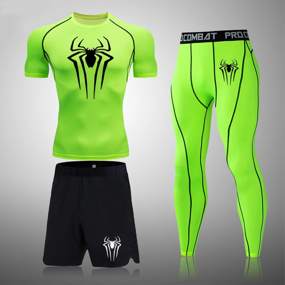 Spider Set 3 Piece - Short Sleeve Compression Shirt Quick Dry Rash Guard - Fitness Shorts and Compression Workout Leggings