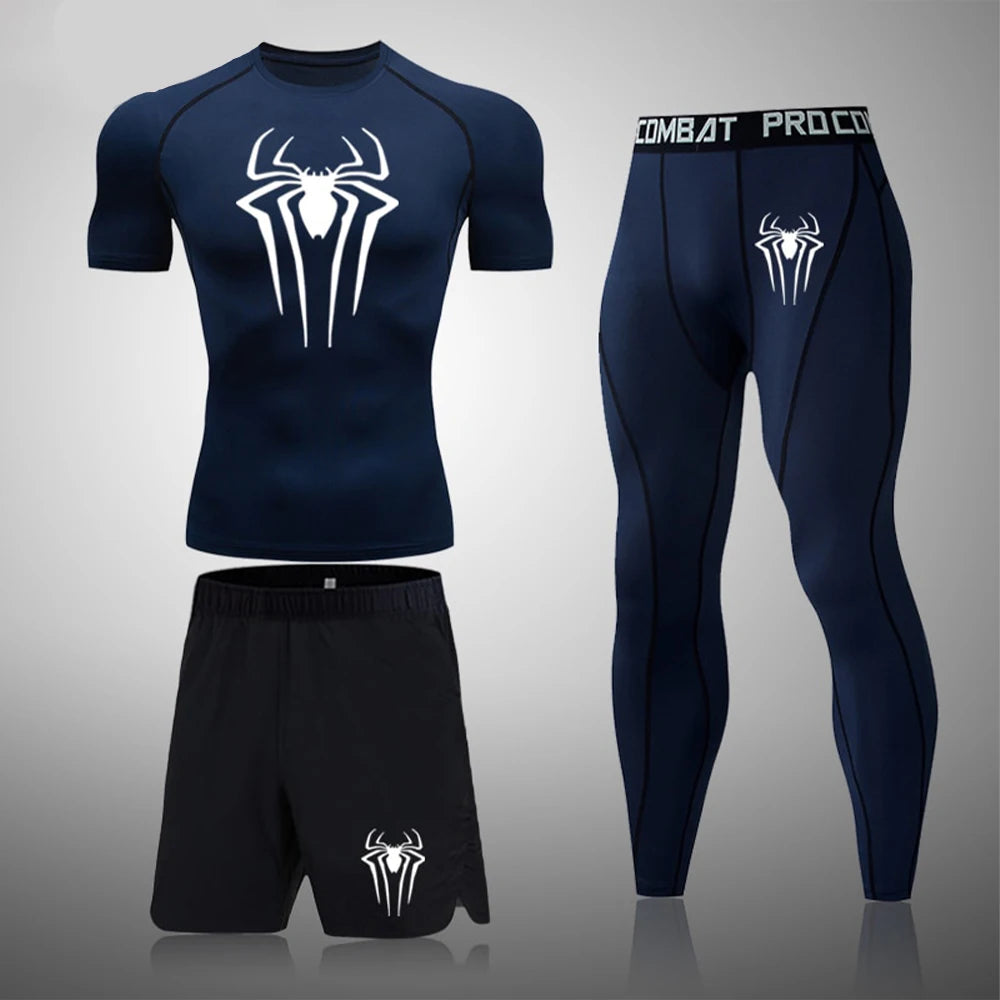 Spider Set 3 Piece - Short Sleeve Compression Shirt Quick Dry Rash Guard - Fitness Shorts and Compression Workout Leggings