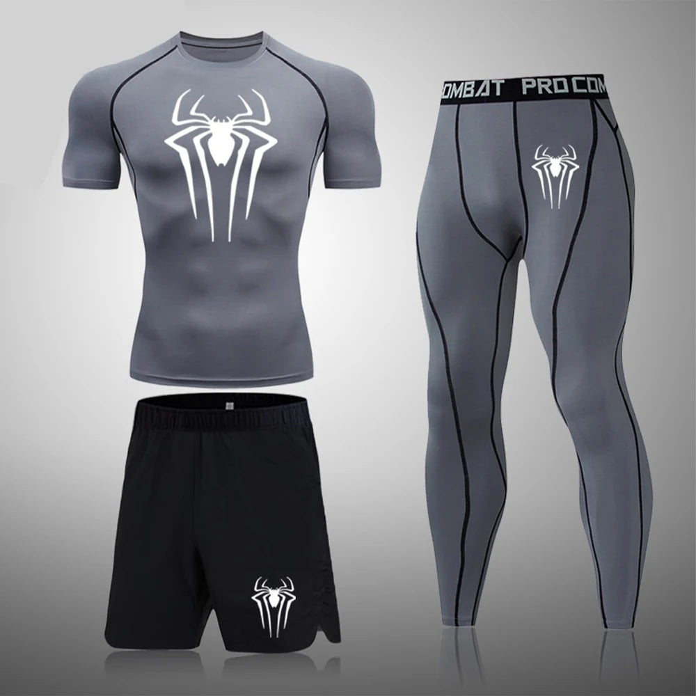 Spider Set 3 Piece - Short Sleeve Compression Shirt Quick Dry Rash Guard - Fitness Shorts and Compression Workout Leggings