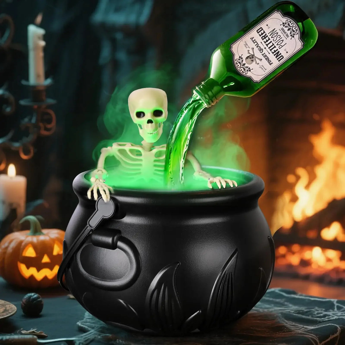 Halloween Witch Cauldron with LED Light & Fog Mist Maker Skeleton