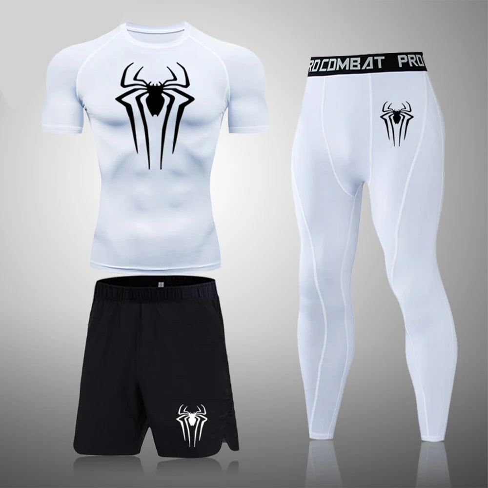Spider Set 3 Piece - Short Sleeve Compression Shirt Quick Dry Rash Guard - Fitness Shorts and Compression Workout Leggings