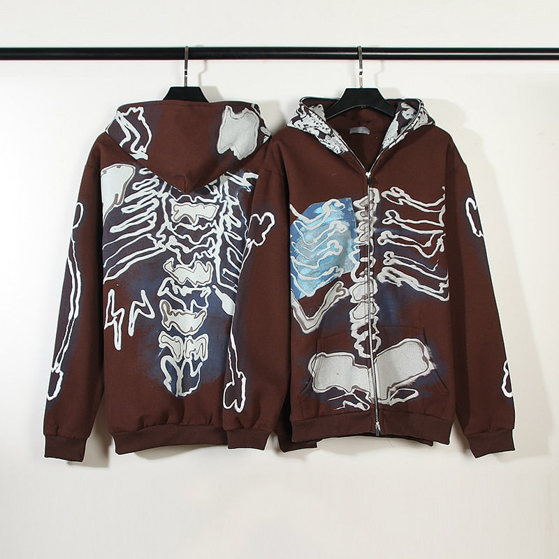 HIp Hop Cactus Jack Fragment Skull Print Zip Up Hoodies Harajuku Casual Sweatshirts