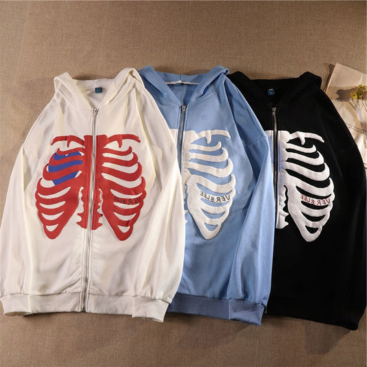 Ver Blee Y2K Skeleton Goth Grunge Long-Sleeved Hoodie - Vintage Retro Oversized Sweatshirt