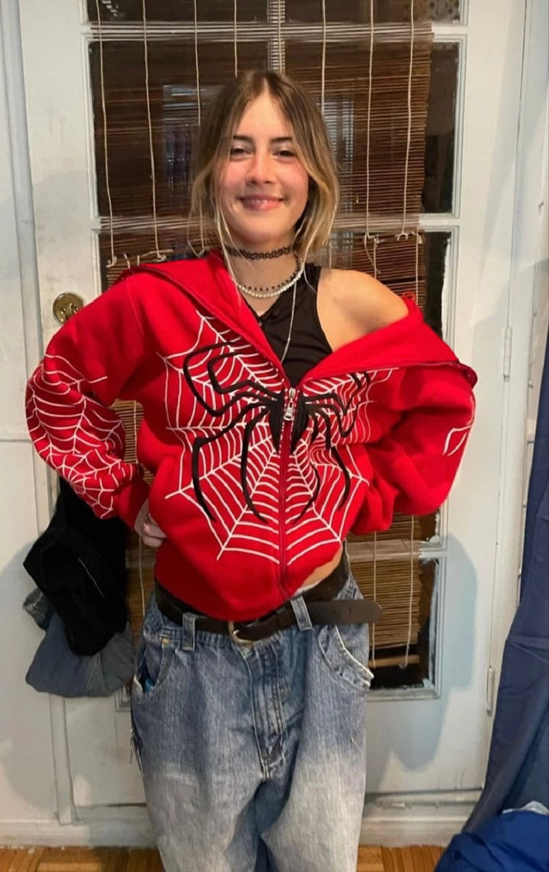 Spiderweb Red Zip Up Hoodie - Harajuku Sweatshirt Punk Fit