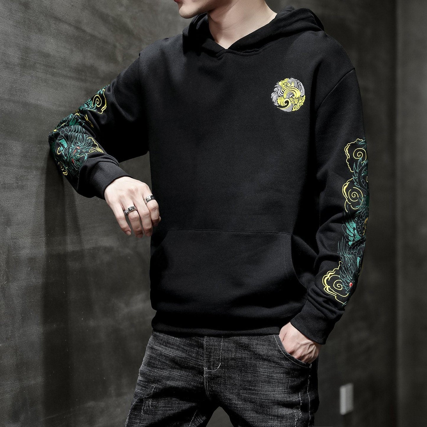 Green Dragon Sleeves Embroidered Hoodie