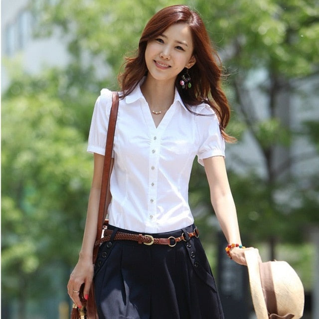 Women's Elegant Blouse - Fashionable Button Up White Work Shirt
