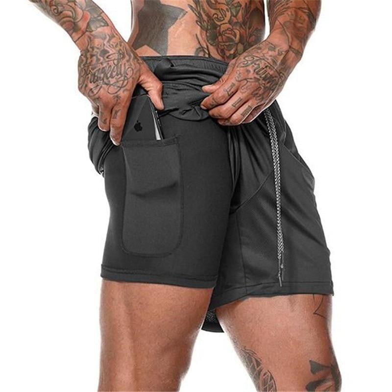 Men's Running Shorts with Phone and Towel Pocket - 2 in 1 Sports Gym and Workout Shorts