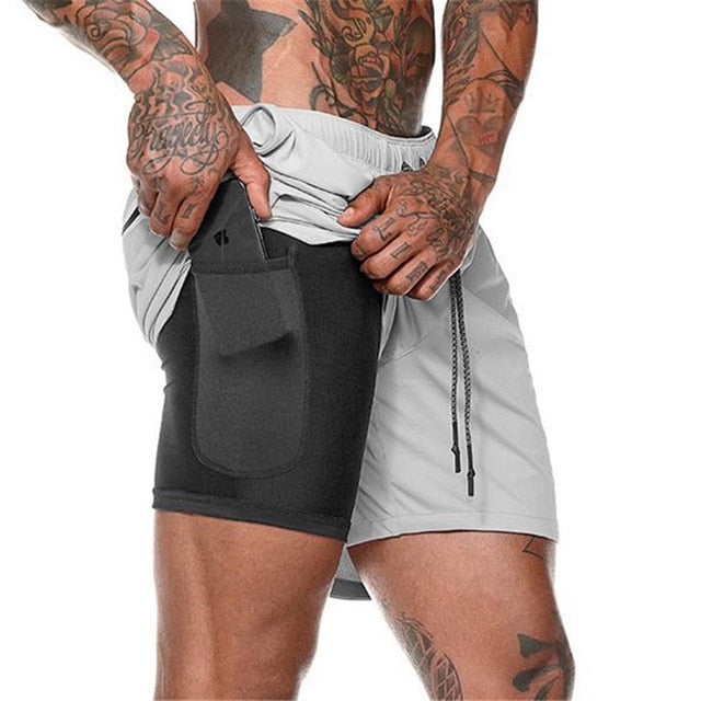 Men's Running Shorts with Phone and Towel Pocket - 2 in 1 Sports Gym and Workout Shorts