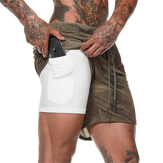 Men's Running Shorts with Phone and Towel Pocket - 2 in 1 Sports Gym and Workout Shorts