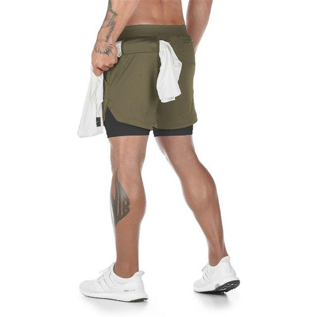 Men's Running Shorts with Phone and Towel Pocket - 2 in 1 Sports Gym and Workout Shorts