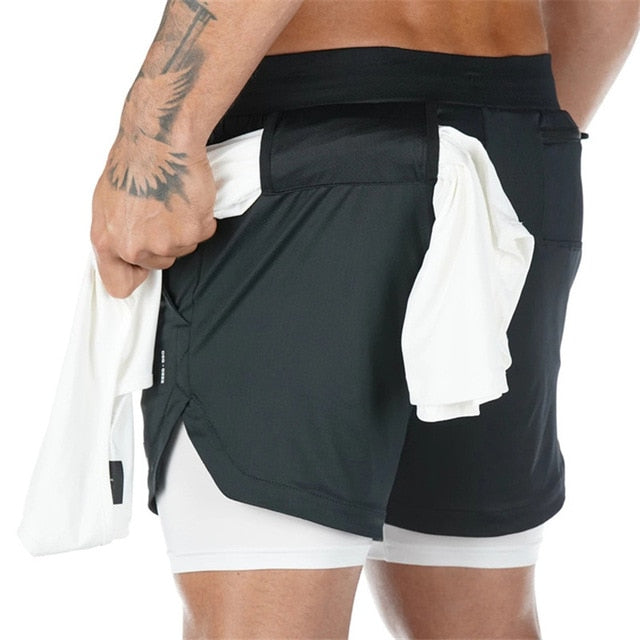 Men's Running Shorts with Phone and Towel Pocket - 2 in 1 Sports Gym and Workout Shorts