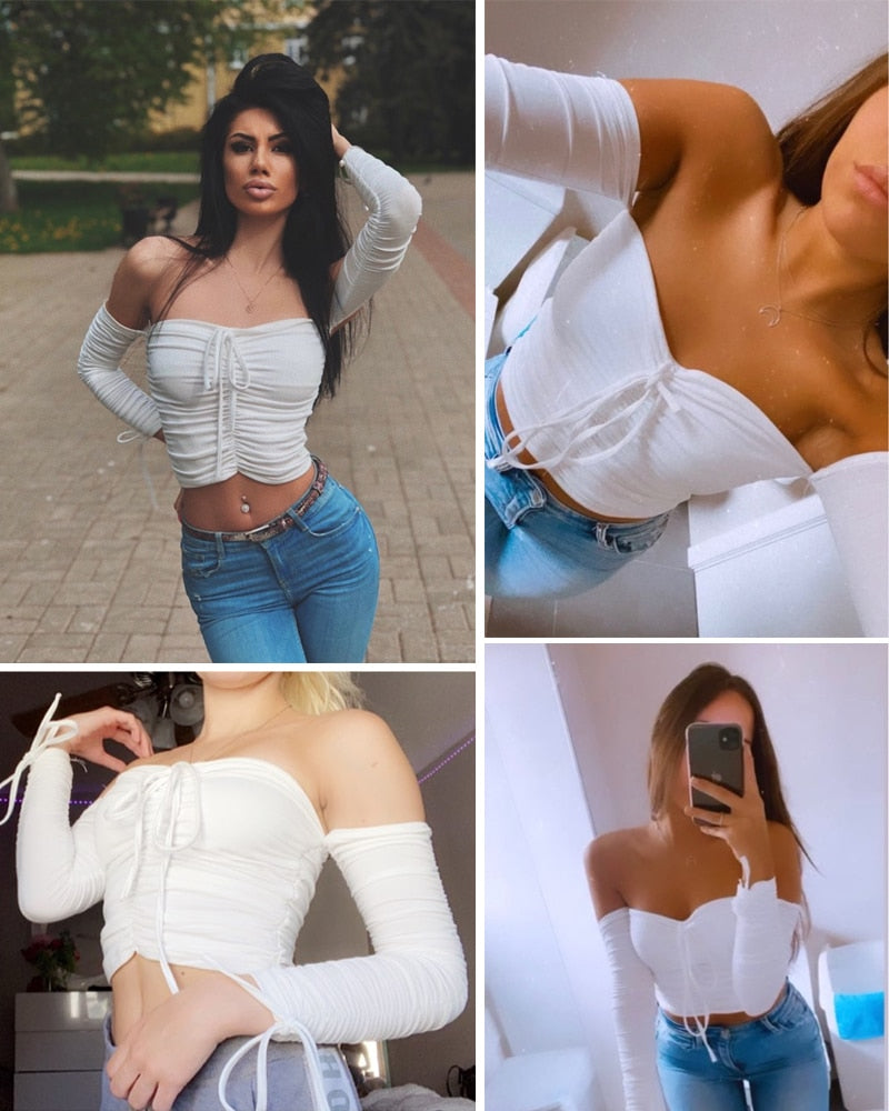 Off The Shoulder Crop Tops Casual Pleated White or Black Shirt Women's Short Sleeve