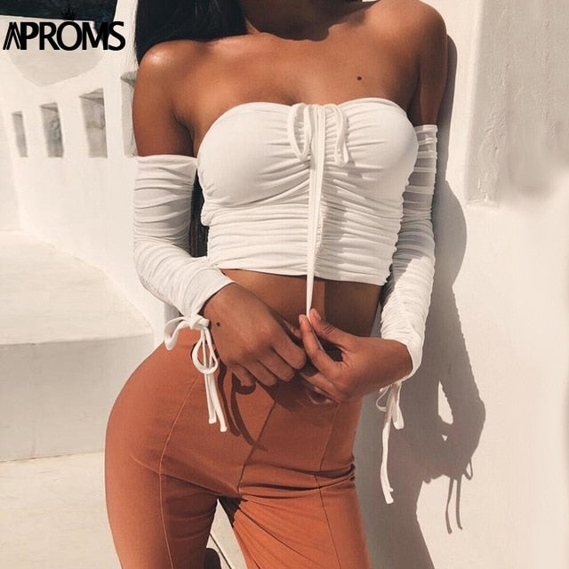 Off The Shoulder Crop Tops Casual Pleated White or Black Shirt Women's Short Sleeve