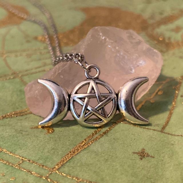 Triple Moon Necklace wiccan jewelry triple goddess pentacle necklace pentagram necklace pagan necklace