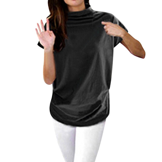 Women's Casual Turtleneck Short Sleeve Cotton Blouse Top Shirt - Superhero Gym Gear
