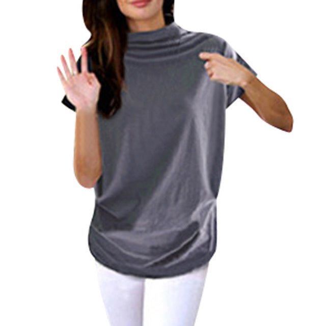Women's Casual Turtleneck Short Sleeve Cotton Blouse Top Shirt - Superhero Gym Gear