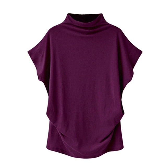 Women's Casual Turtleneck Short Sleeve Cotton Blouse Top Shirt - Superhero Gym Gear